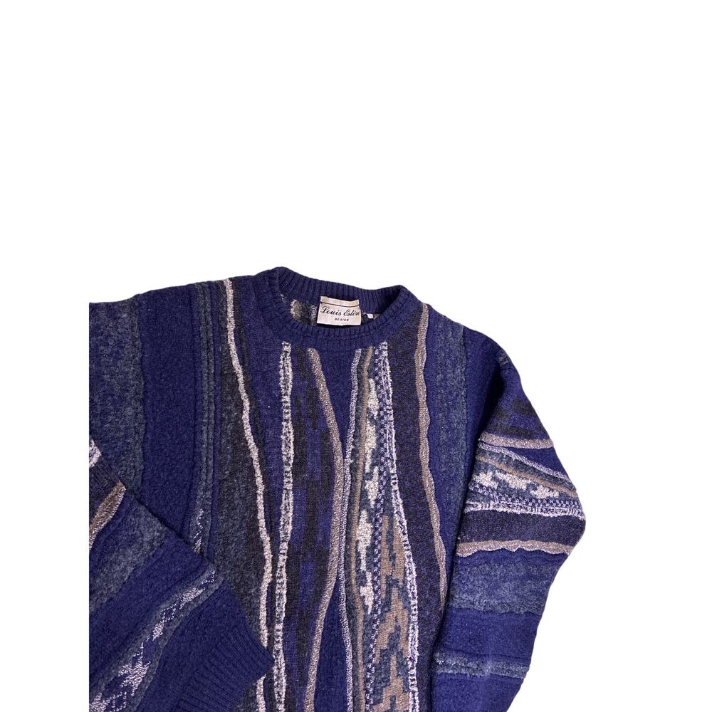 90s Coogi Style 3D Cable Knit Sweater Blue Grey Aztec Womens Medium Wool - Picture 2 of 5